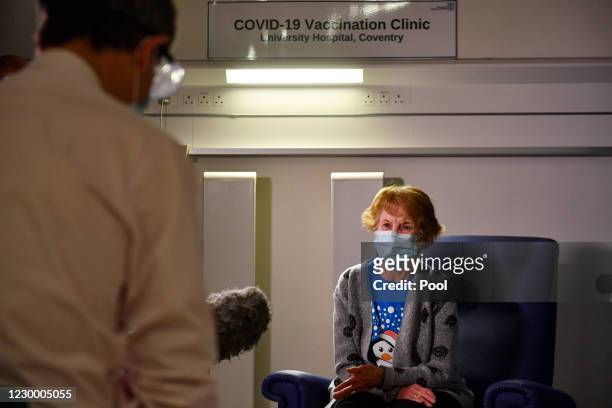 Margaret Keenan speaks to the media after becoming the first patient in the United Kingdom to receive the Pfizer/BioNtech covid-19 vaccine at...