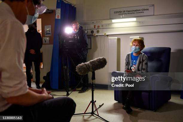 Margaret Keenan speaks to the media after becoming the first patient in the United Kingdom to receive the Pfizer/BioNtech covid-19 vaccine at...