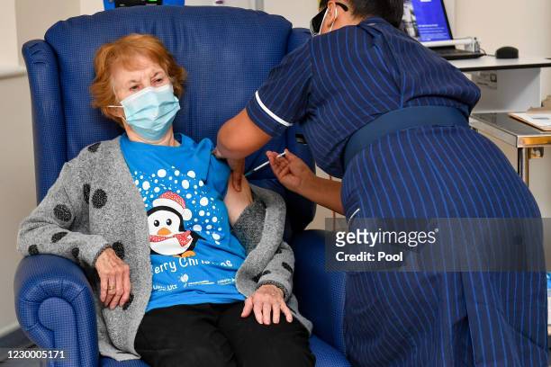 Margaret Keenan is the first patient in the United Kingdom to receive the Pfizer/BioNtech covid-19 vaccine at University Hospital, Coventry,...