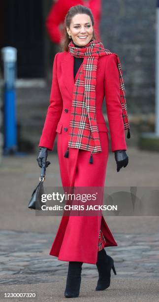 Britain's Catherine, Duchess of Cambridge smiles during a visit to Cardiff Castle in Cardiff in south Wales, on December 8 on the final day of her...