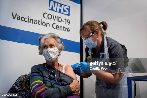 Dr, Doreen Brown receives the first of two Pfizer/BioNTech Covid-19 vaccine jabs at Guy's Hospital at the start of the largest ever immunisation...