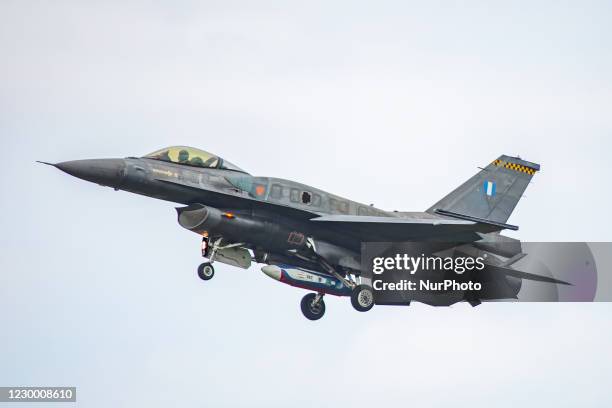 An F-16 Fighting Falcon or Viper, a multirole fighter jet aircraft of the Hellenic Air Force HAF as seen landing at Kleine Brogel Air Base EBBL in...