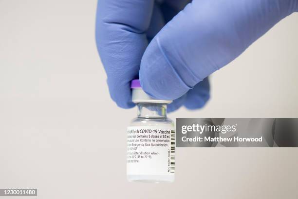 Close-up of a COVID-19 vaccine at Cardiff and Vale Therapy Centre on December 8, 2020 in Cardiff, Wales. More than 50 hospitals across United Kingdom...