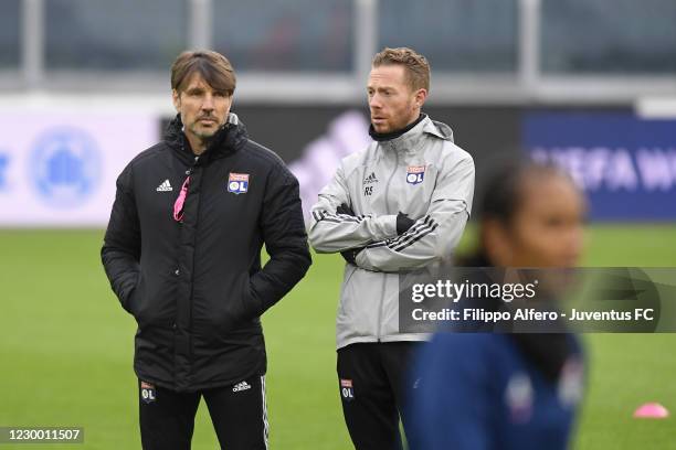Jean-Luc Vasseur and Romain Segui during the Lyon Training Session ahead of the UEFA Women's Champions League match between Juventus and Lyon at...