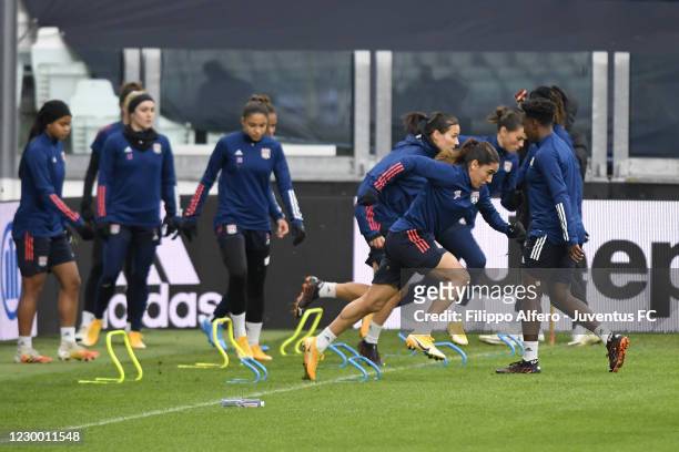 Olympique Lyonnais players during the Lyon Training Session ahead of the UEFA Women's Champions League match between Juventus and Lyon at Allianz...
