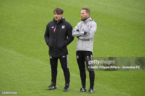 Jean-Luc Vasseur and Romain Segui during the Lyon Training Session ahead of the UEFA Women's Champions League match between Juventus and Lyon at...
