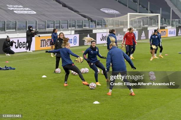 Olympique Lyonnais players during the Lyon Training Session ahead of the UEFA Women's Champions League match between Juventus and Lyon at Allianz...