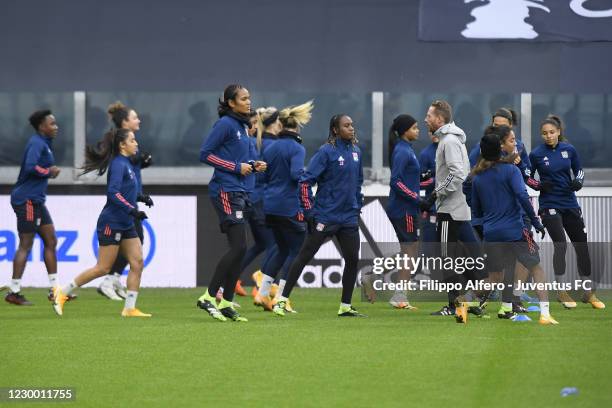 Olympique Lyonnais players during the Lyon Training Session ahead of the UEFA Women's Champions League match between Juventus and Lyon at Allianz...