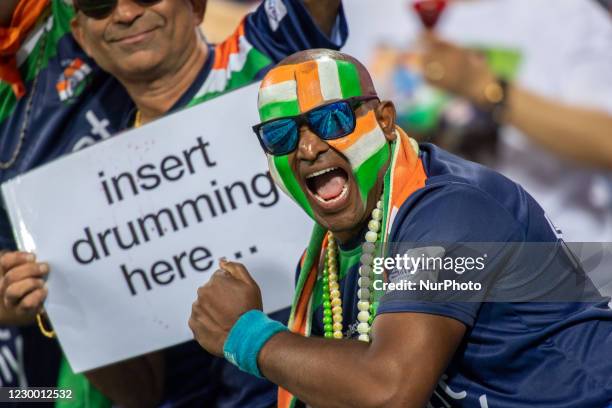 Indian fans show their support during game three of the Twenty20 International series between Australia and India at Sydney Cricket Ground on...