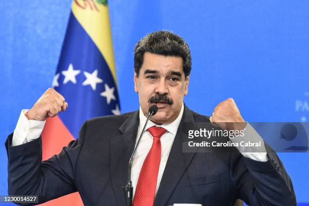 Nicolas Maduro President of Venezuela speaks to the media to give a balance of the recent Parliamentary elections during a press conference at...