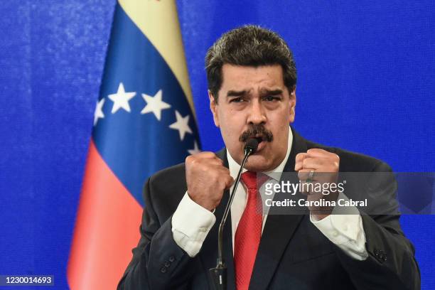 Nicolas Maduro President of Venezuela speaks to the media to give a balance of the recent Parliamentary elections during a press conference at...