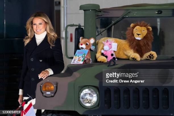 First Lady Melania Trump arrives for the annual Marine Toys for Tots Drive at Joint Base Anacostia-Bolling on December 8, 2020 in Washington, DC....