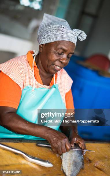 Arlette Worrell cleaning freshly caught fish at Weston fish market in the Parish of St James, near Bridgetown, Barbados, 15th November 2018.