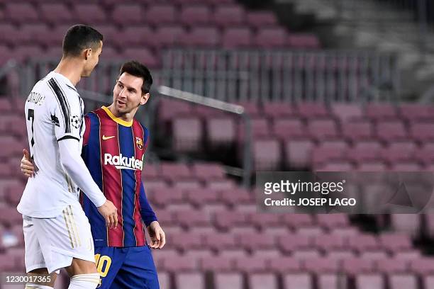 Juventus' Portuguese forward Cristiano Ronaldo greets Barcelona's Argentinian forward Lionel Messi before the UEFA Champions League group G football...