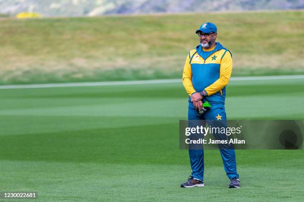 Waqar Younis of Pakistan looks on during a team training session at Queenstown Events Centre on December 9, 2020 in Queenstown, New Zealand.