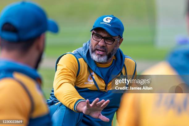Waqar Younis of Pakistan speaks during a team training session at Queenstown Events Centre on December 9, 2020 in Queenstown, New Zealand.