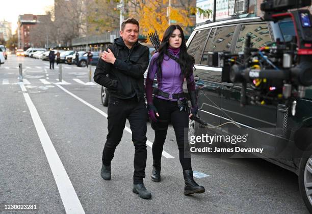 Jeremy Renner and Hailee Steinfeld seen on the set of 'Hawkeye' on the Lower East Side on December 8, 2020 in New York City.