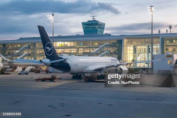 Lufthansa Airbus A350 aircraft and the Terminal of the airport as seen early morning in the dawn, sunrise and during the day parked at the gates of...