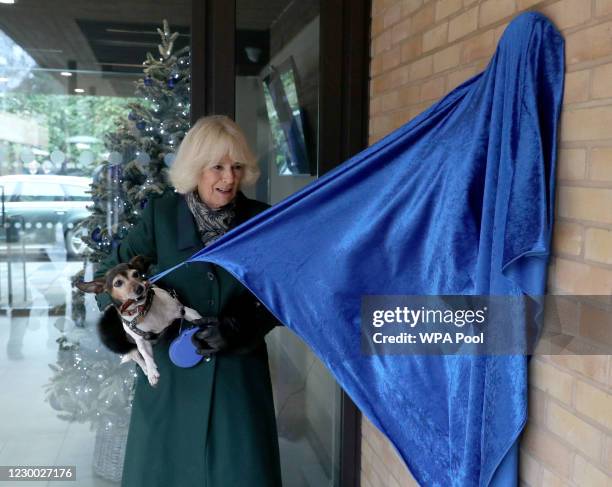 Camilla, Duchess of Cornwall with Beth, her jack-russell terrier, unveiling a plaque as they visit the Battersea Dogs and Cats Home to open the new...