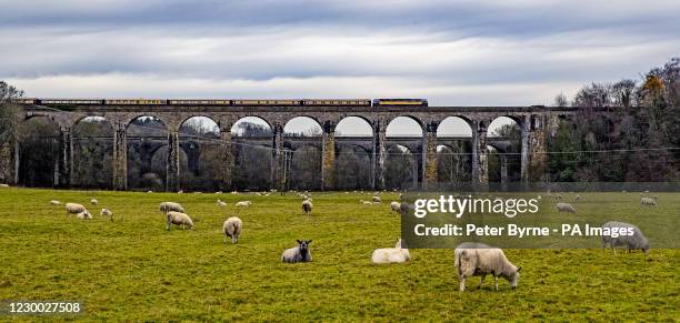 The Northern Belle train crosses the Chirk Viadcut in Wrexham, North Wales, as it journeys between Chester and Telford, Shropshire, carrying...
