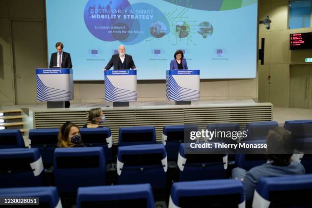 Stefan de Keersmaecker, Frans Timmermans and Adina Valean talk to media about the European Climate Pact and the Sustainable and Smart Mobility...