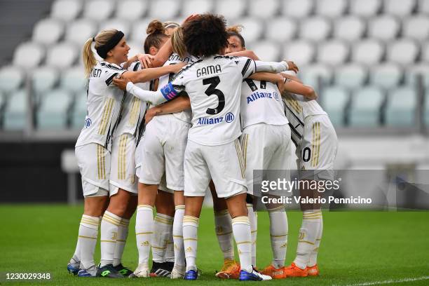 Lina Hurtig of Juventus Women celebrates the opening goal with team mates during the UEFA Women's Champions League round of 32 first leg match...