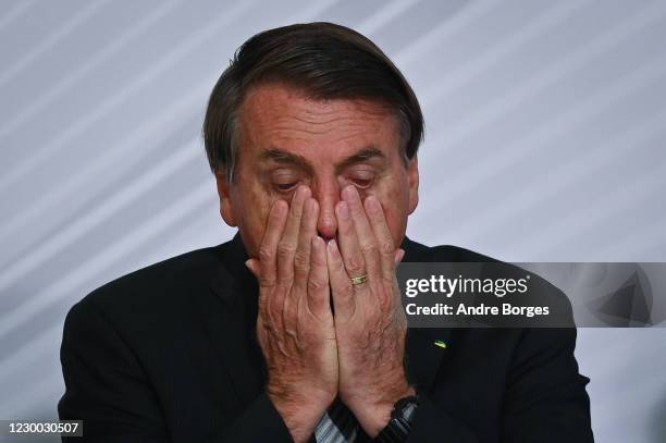 President of Brazil Jair Bolsonaro reacts during the opening ceremony of the forum "The Control in Combating Corruption" amidst the Coronavirus...