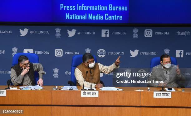 Cabinet Ministers from left Santosh Kumar Gangwar, Ravi Shanker Prasad and Prakash Jawdekar briefing the media on Cabinet decision after cabinet...