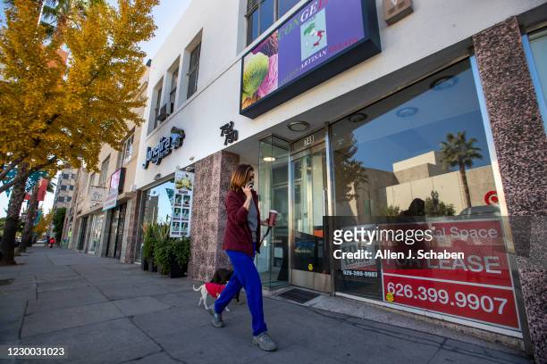 Pedestrian walks their dogs past a closed business on Colorado Blvd. Where several businesses have closed and many struggle to stay open during...