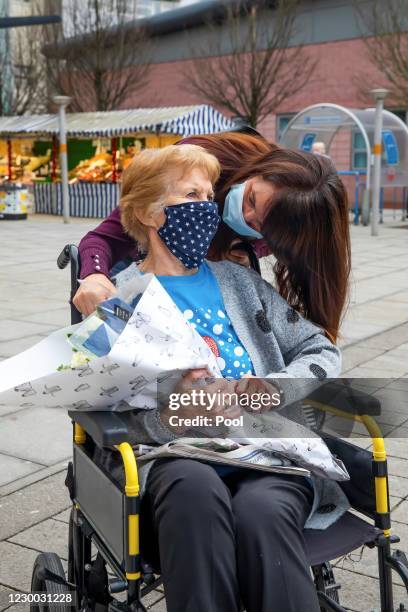 Margaret Keenan the first patient in the United Kingdom to receive the Pfizer/BioNtech covid-19 vaccine, leaves University Hospital Coventry &...