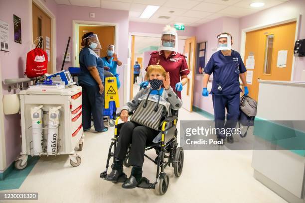Margaret Keenan the first patient in the United Kingdom to receive the Pfizer/BioNtech covid-19 vaccine, prepares to leave University Hospital...