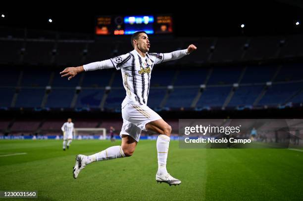 Cristiano Ronaldo of Juventus FC celebrates after scoring the opening goal from a penalty kick during the UEFA Champions League Group G football...