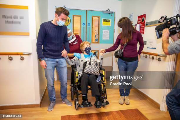 Margaret Keenan the first patient in the United Kingdom to receive the Pfizer/BioNtech covid-19 vaccine, leaves University Hospital Coventry &...