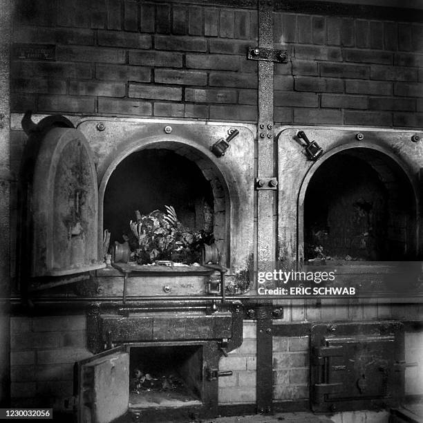Body is seen in a crematory oven in the Buchenwald concentration camp in April 1945. The construction of Buchenwald camp started 15 July 1937 and was...