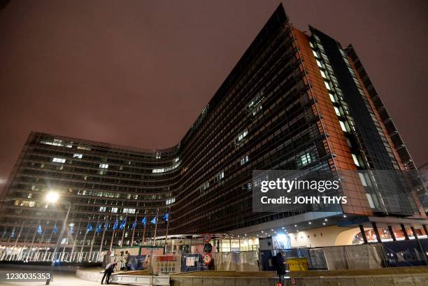 This picture taken on December 9 shows the Berlaymont building at the EU headquarters in Brussels as Britain's Prime Minister and European Commission...