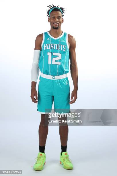 Javin DeLaurier of the Charlotte Hornets poses for a portrait during NBA content day at the Spectrum Center on December 8, 2020 in Charlotte, North...