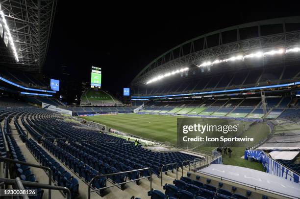 An empty Lumen Stadium sits quiet before the Western Conference MLS Final between the Seattle Sounders and Minnesota United on December 7, 2020 at...