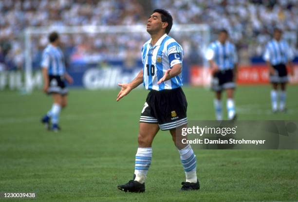 World Cup: Argentina Diego Maradona emoting on field during game vs Nigeria during Group D match at Foxboro Stadium. Foxborough, MA 6/25/1994 CREDIT:...