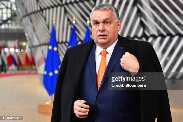 Viktor Orban, Hungary's prime minister, speaks to journalists as he arrives at a European Union leaders summit in Brussels, Belgium, on Thursday,...