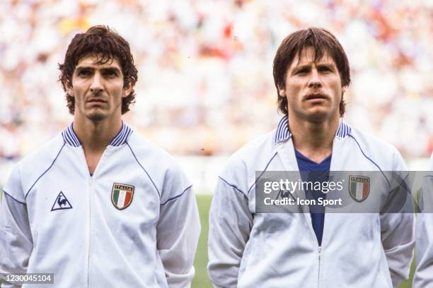 Paolo ROSSI and Gabriele ORIALI of Italy during the 1982 FIFA World Cup Final match between Italy and West Germany at Santiago Bernabeu, Madrid,...