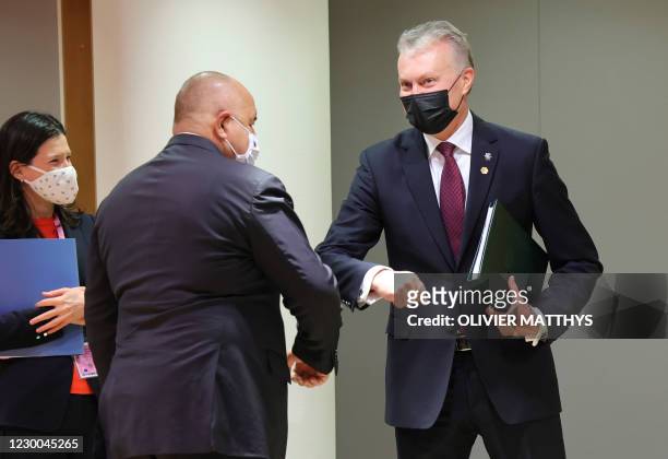 Bulgaria's Prime Minister Boyko Borissov, center, greets Lithuania's President Gitanas Nauseda with an elbow bump during a round table meeting at an...