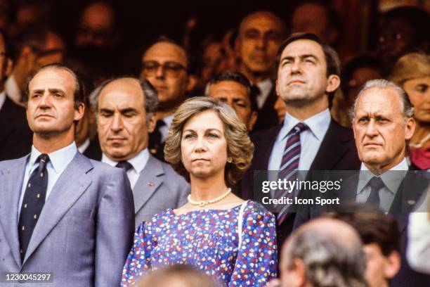 King Juan Carlos I, Queen Sofia and FIFA President Joao Havelange during the 1982 FIFA World Cup Final match between Italy and West Germany at...