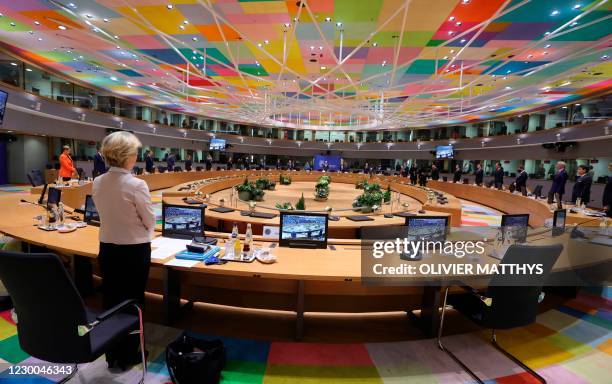 President of the European Commission Ursula von der Leyen and EU leaders observe a minute silent in tribute to late French President Valery Giscard...