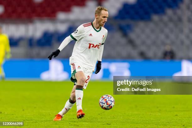 Vladislav Ignatyev of FC Lokomotiv Moskva controls the ball during the UEFA Champions League Group A stage match between FC Bayern Muenchen and...