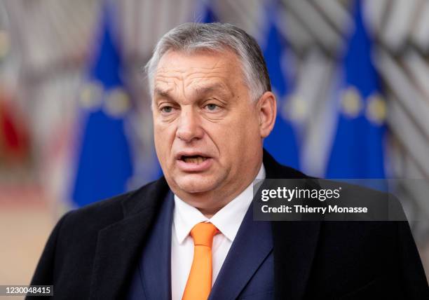 Hungarian Prime Minister Viktor Mihaly Orban arrives for the first day of an EU Summit in the Europa, the European Union Council headquarter on...