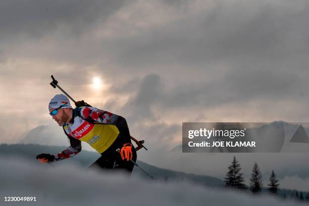 Austria's Simon Eder takes a practice lap on the eve of IBU Biathlon World Cup in Hochfilzen, Austria, on December 10, 2020.