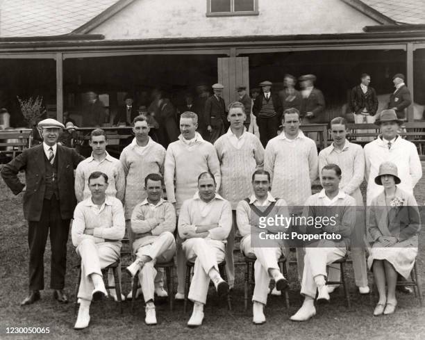 Northamptonshire County Cricket team, circa 1927. Left to right, back row: umpire, Arthur Cox, Benjamin Bellamy, Nobby Clark, Allan Liddell, Albert...