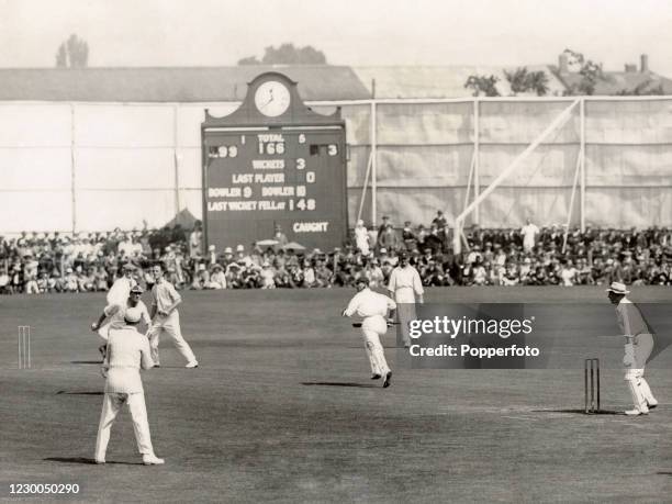 Jack Hobbs of Surrey CCC plays Jimmy Bridges to leg to complete his 126th century at Taunton, equalling the record of Dr WG Grace, during the County...