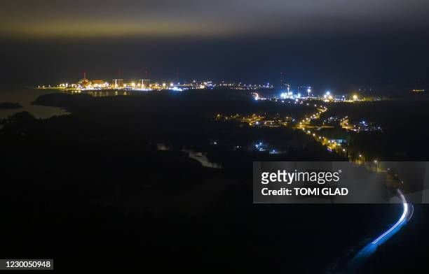 This aerial view taken on December 10, 2020 shows the Olkiluoto nuclear power plant in Eurajoki, Finland, after a severe abnormal disturbance...