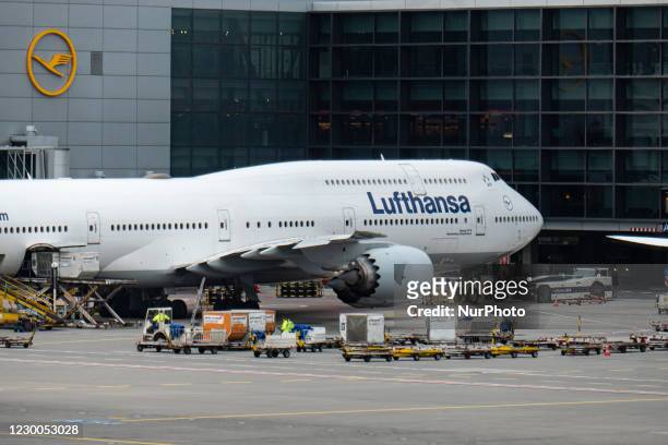 Lufthansa Boeing 747-8 double-decker iconic aircraft as seen in Frankfurt Airport FRA. The large airplane is known as Queen of the Skies, a...